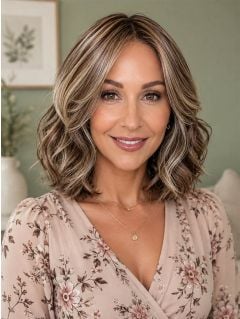Snowy Umer R | Medium Ginger Brown base with Icy Blond highlights and darker roots |model, Britney from Olympia WA